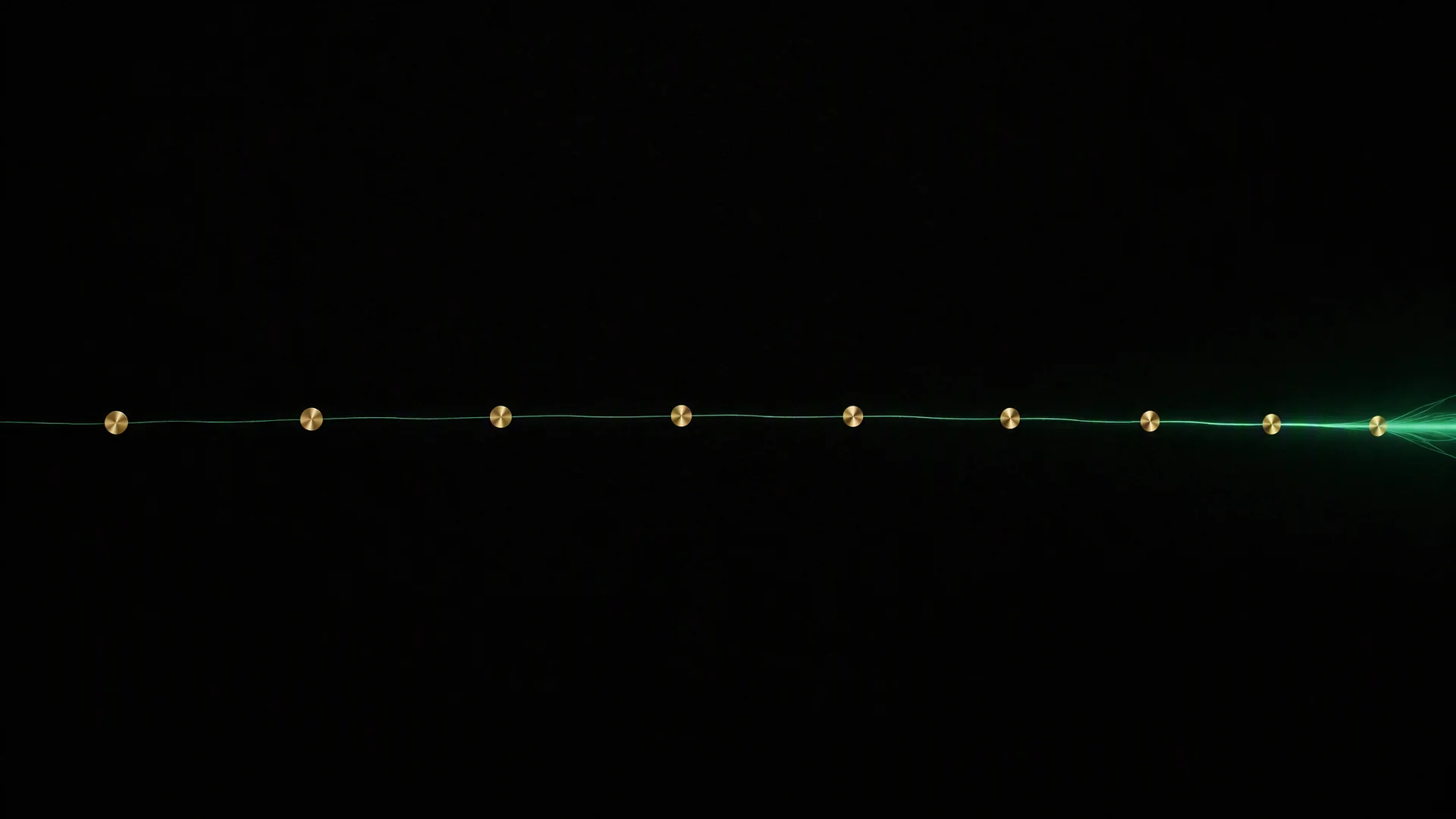 A single emerald thread of light crossing a black field through nine brass markers, like years on a timeline — Veles Labs, building since 2015