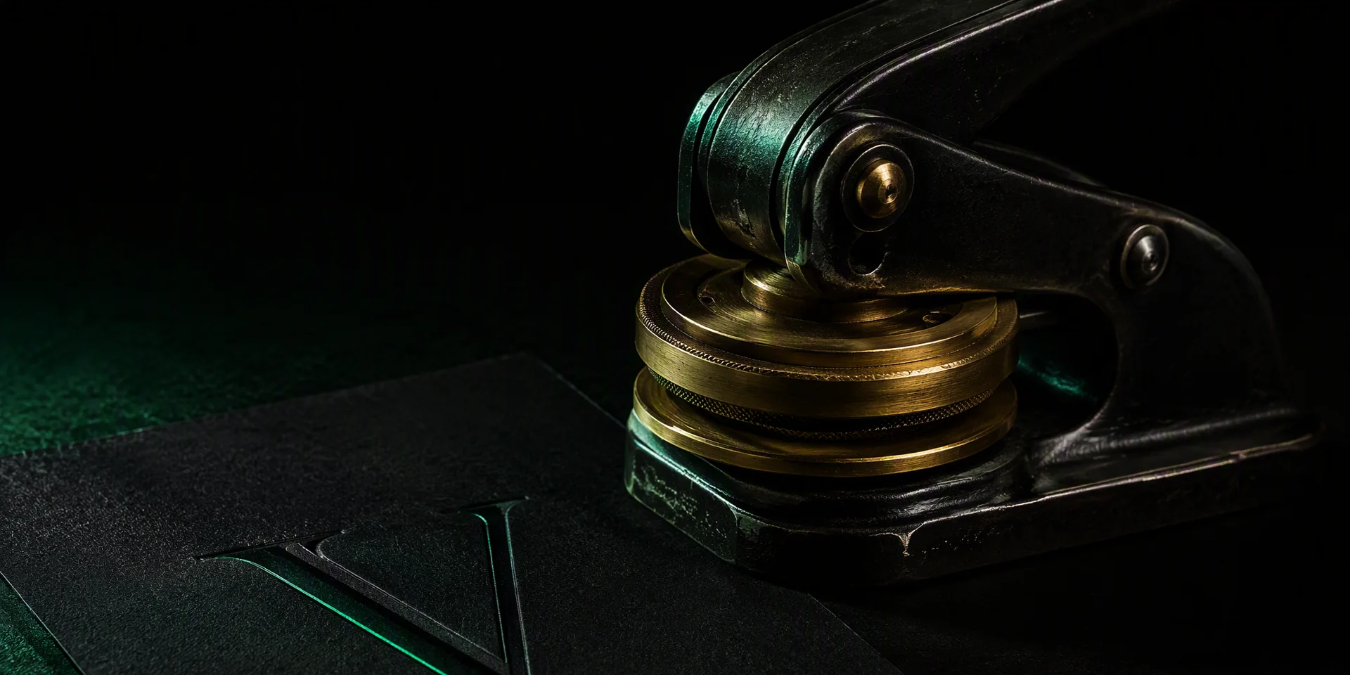 A brass and blackened-steel embossing press beside black cotton paper bearing a blind-embossed V with an emerald edge — the maker's mark of Veles Labs