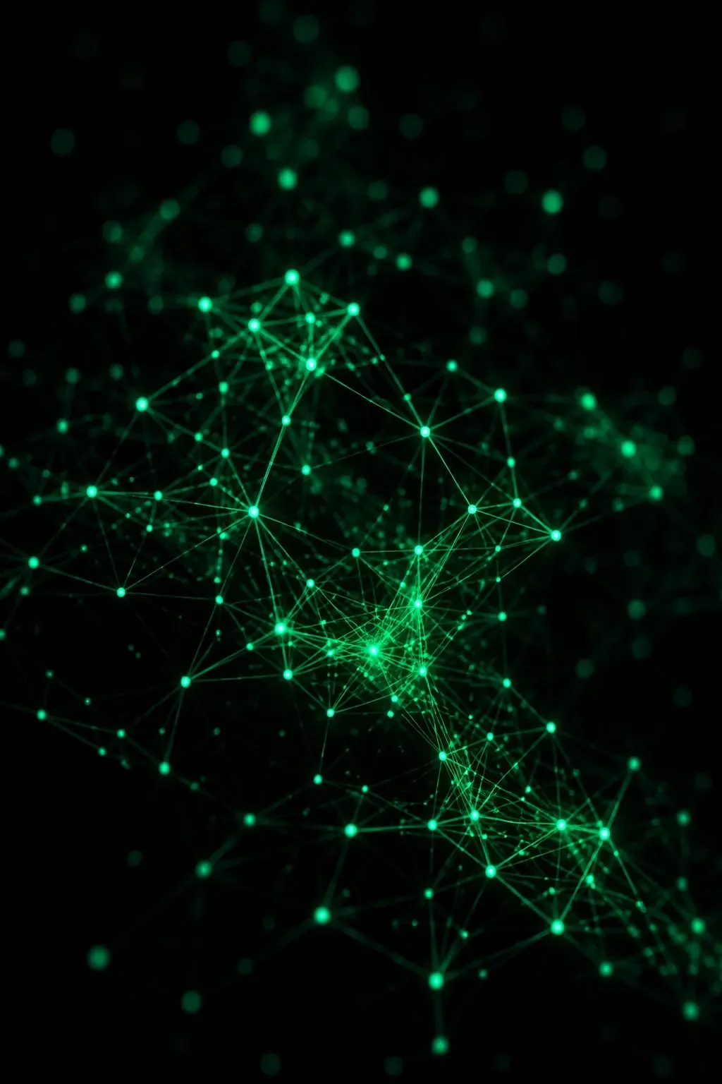 A neural network of glowing green nodes and connections on black — AI and automation at Veles Labs