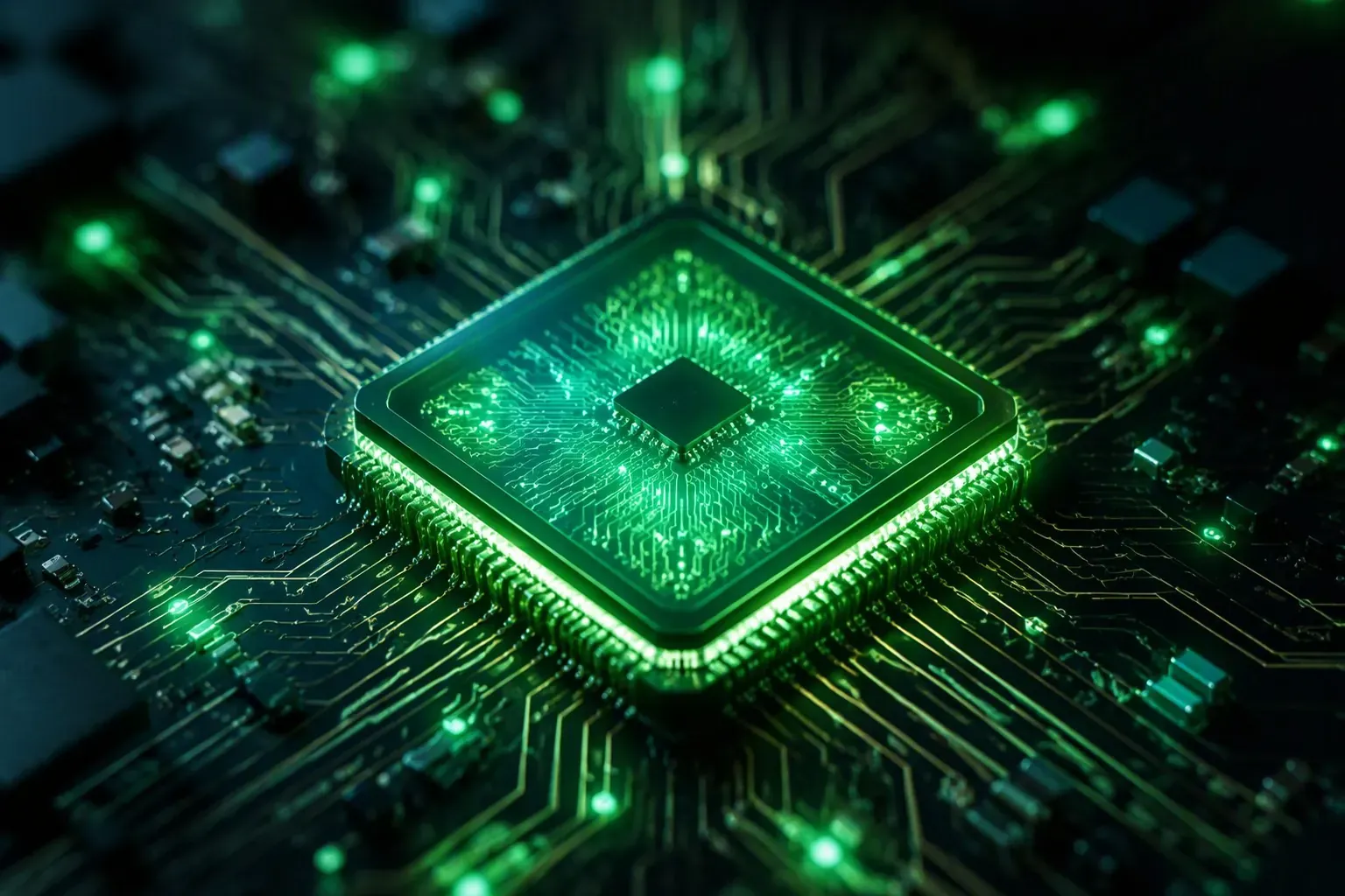 Macro of a glowing green microchip on a dark circuit board — AI intelligence at Veles Labs