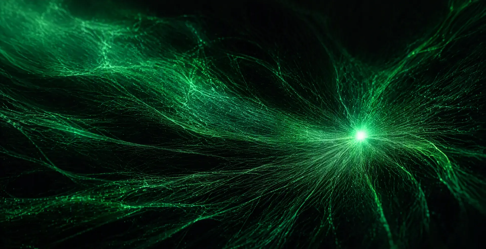 Thousands of luminous green threads converging into a single bright node — Veles Labs AI and automation