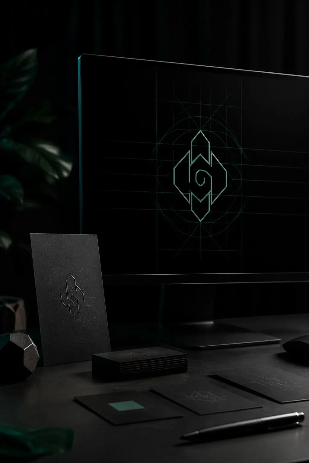 A monitor showing a geometric logo construction grid in green — brand identity design at Veles Labs