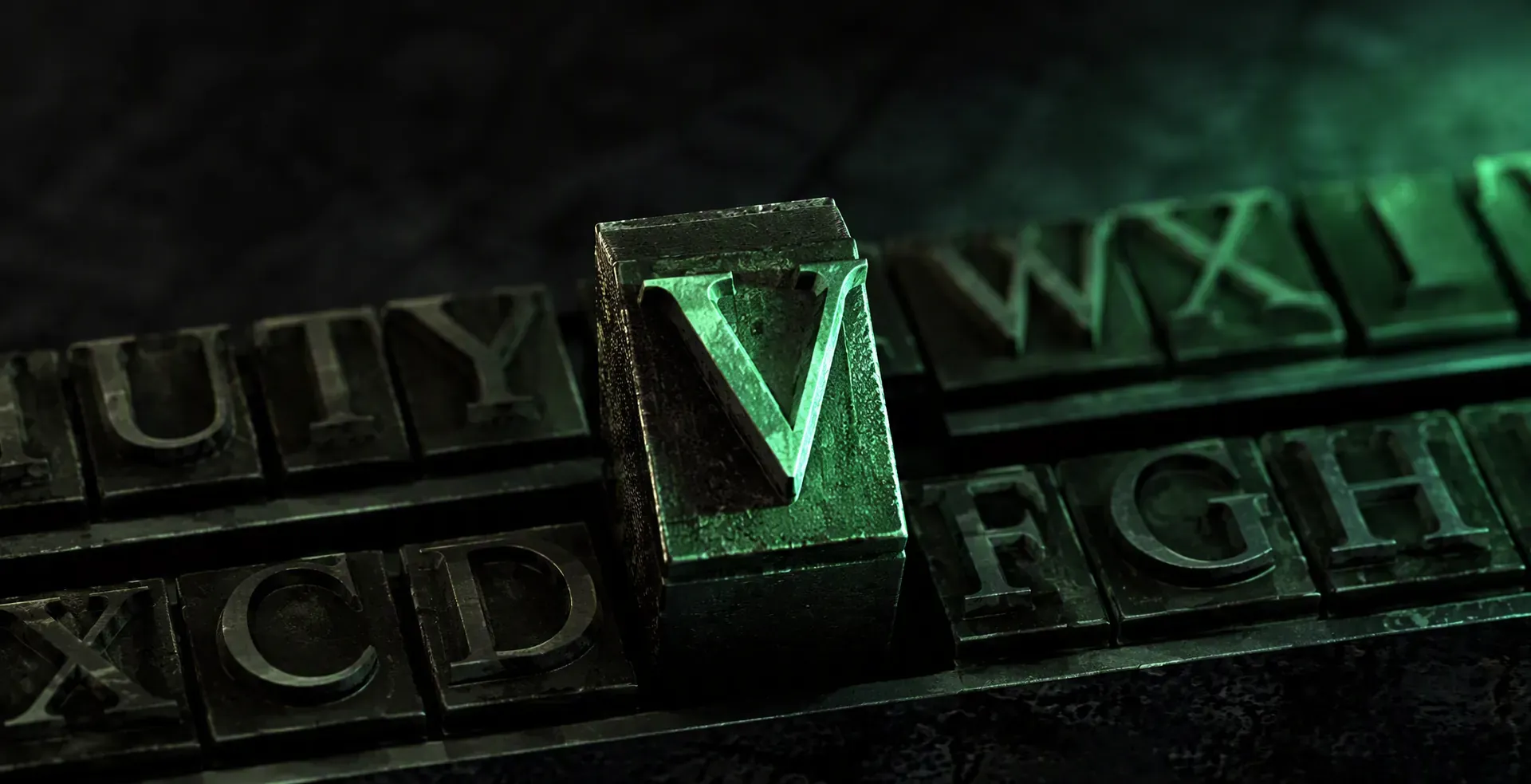 Antique letterpress blocks with a glowing serif V under raking green light — Veles Labs brand identity craft