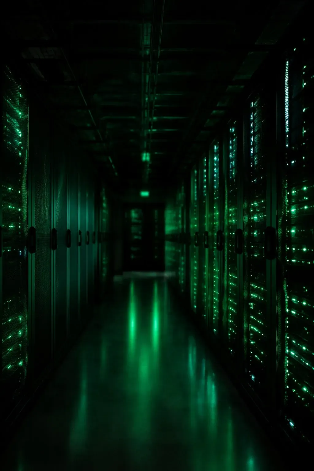 A dark server room corridor lined with emerald status LEDs — custom software infrastructure by Veles Labs