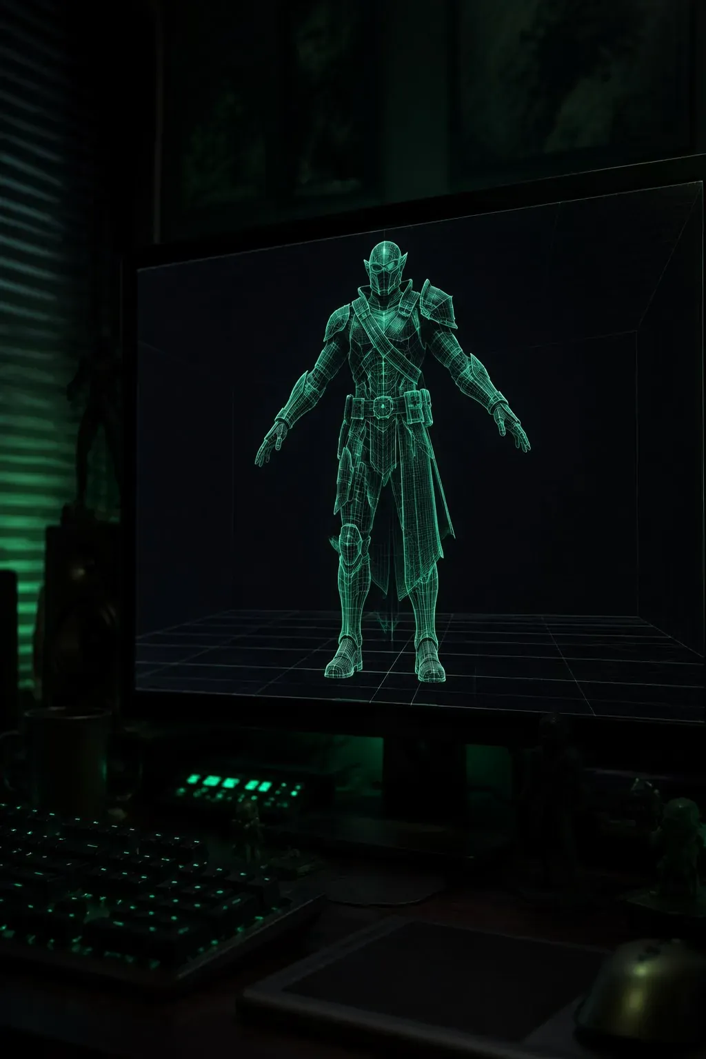 A 3D wireframe knight character on a game engine monitor in a dark studio — game development at Veles Labs