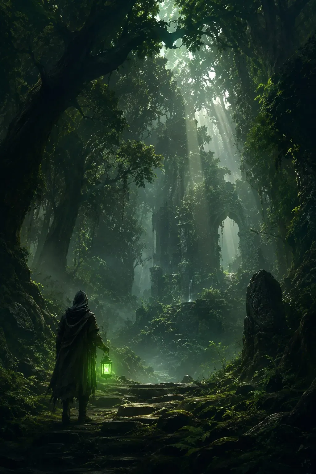 A hooded wanderer holding a green lantern enters a misty ancient forest — key art for game development at Veles Labs