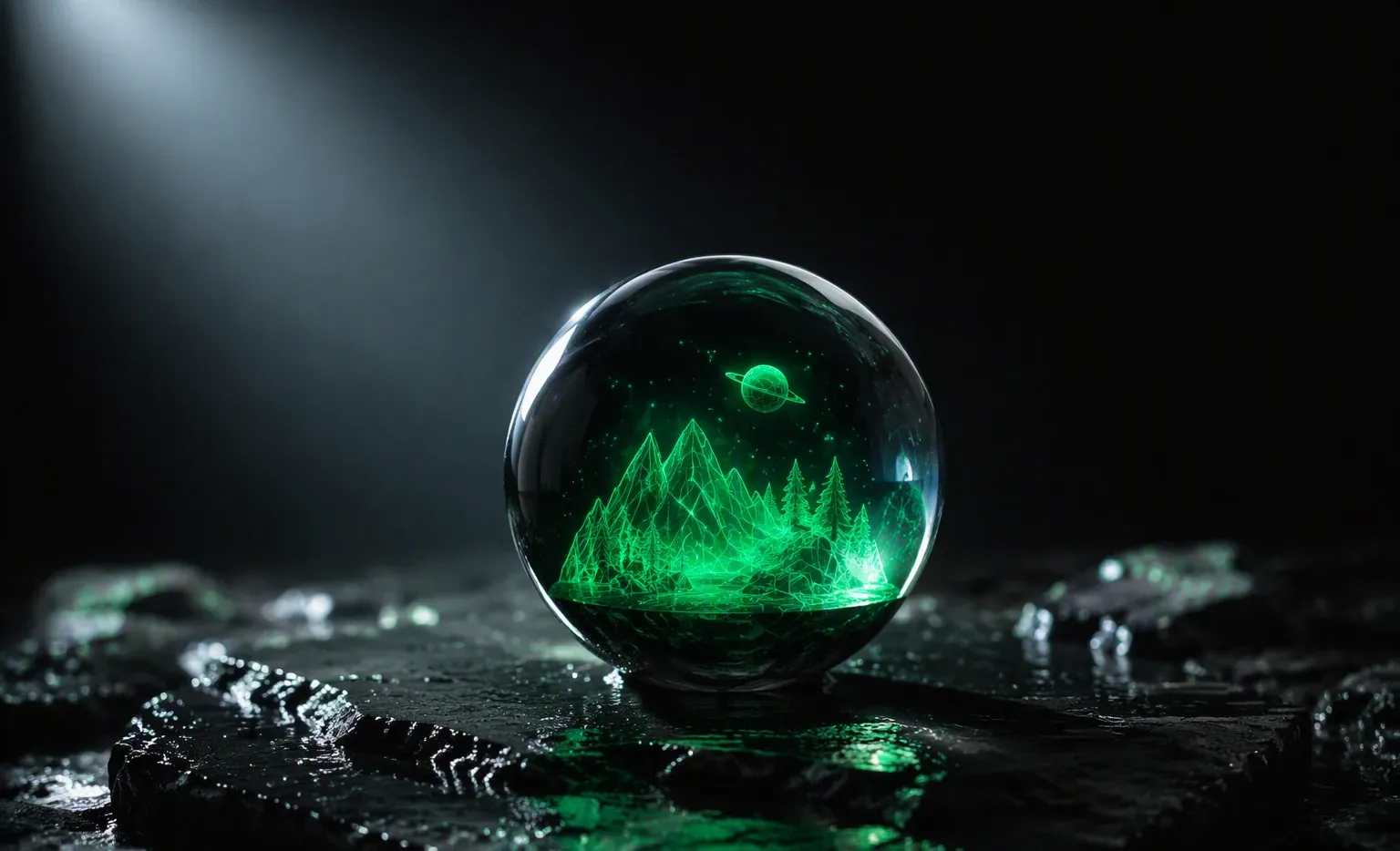A glass sphere on wet black stone holding a glowing green low-poly game world with mountains, forest and a wireframe planet — game development craft