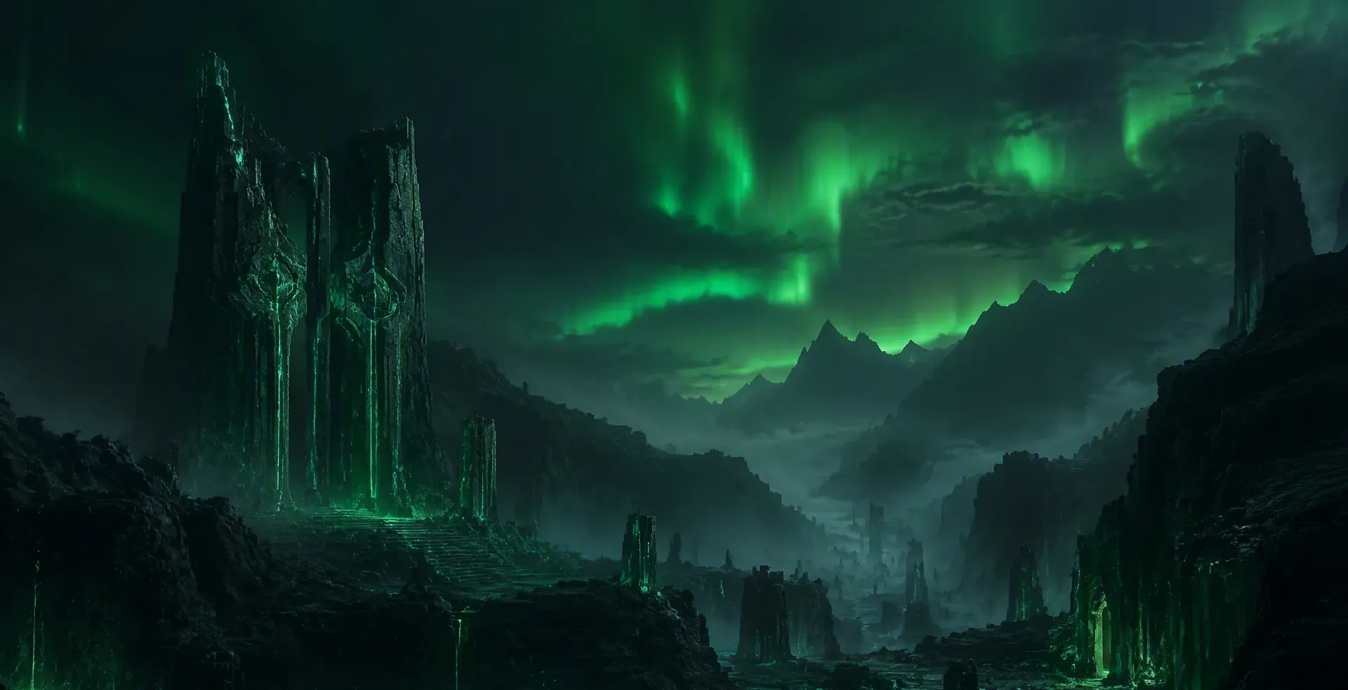 Ancient stone ruins under a green aurora in a misty valley — the real-time worlds Veles Labs builds