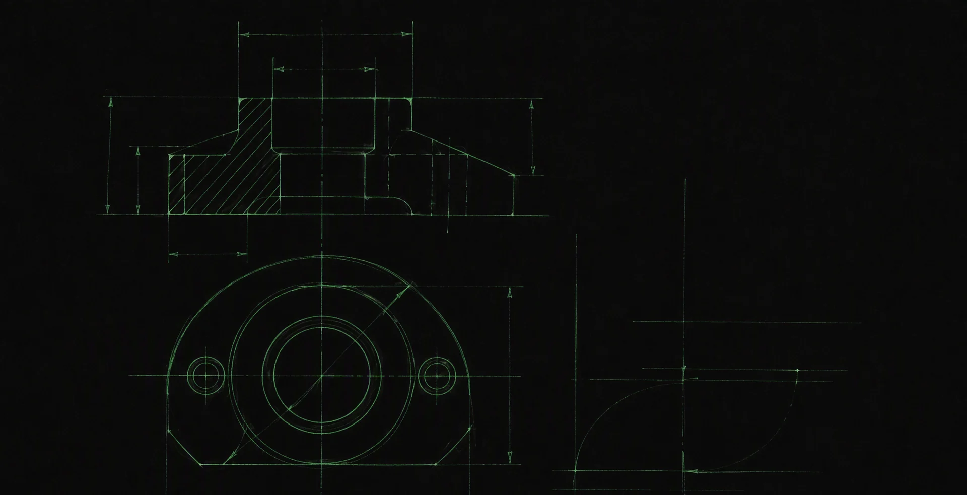 Hand-drafted emerald construction lines, dimension arrows and radii describing a part on matte black — the plan exists before the build at Veles Labs