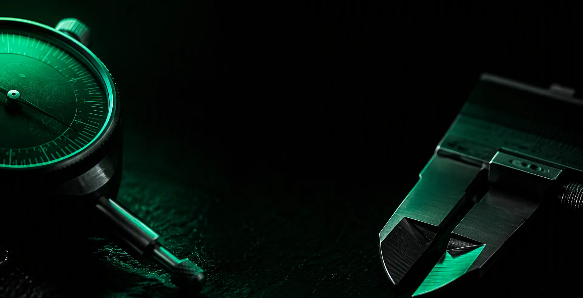 A machinist's dial indicator and vernier caliper on blackened steel, the graduated scale caught by a single rake of emerald light — measurement before quoting, how Veles Labs prices work