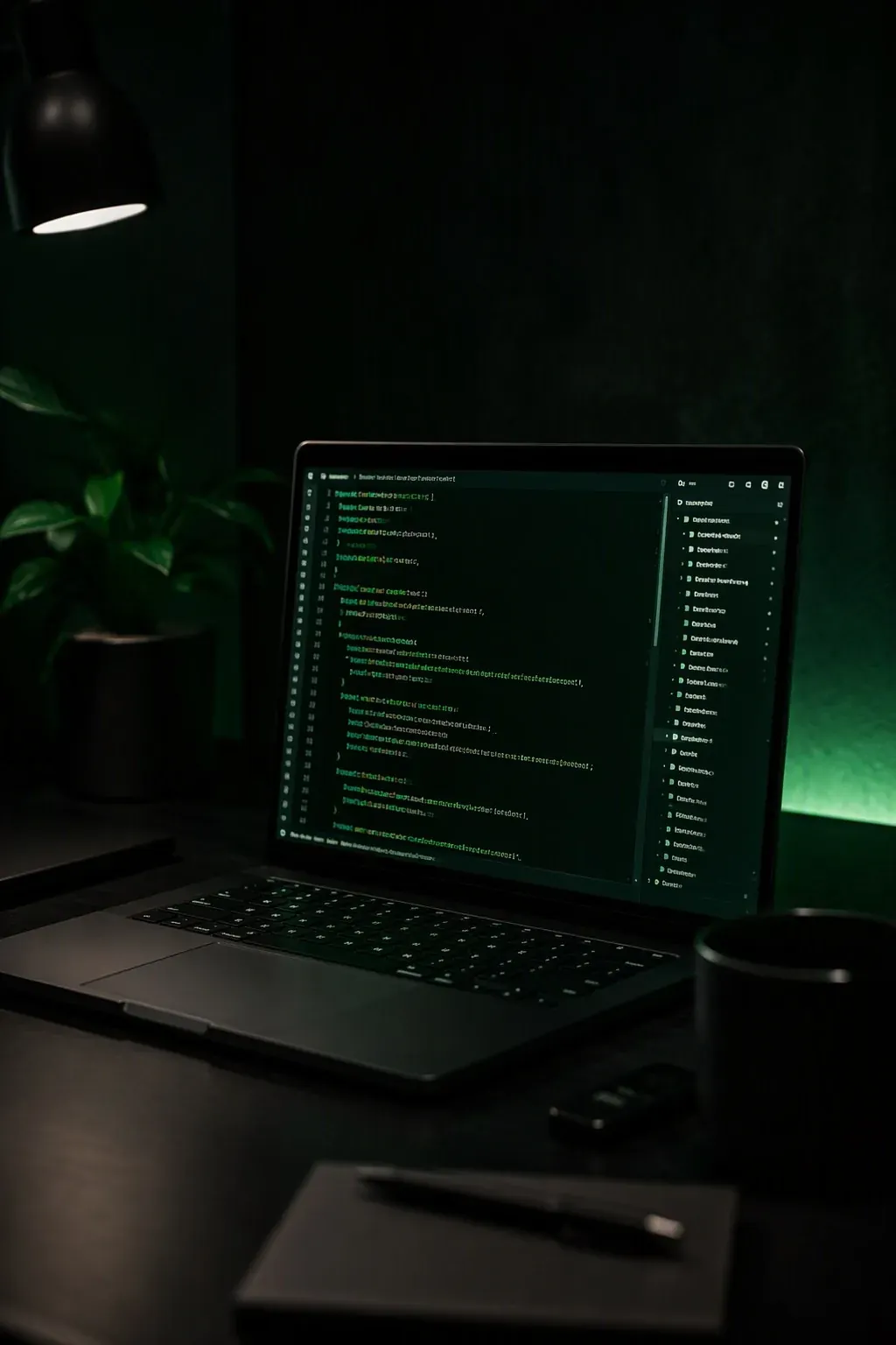 A laptop glowing with a green code editor in a dark studio — hand-coded web development at Veles Labs