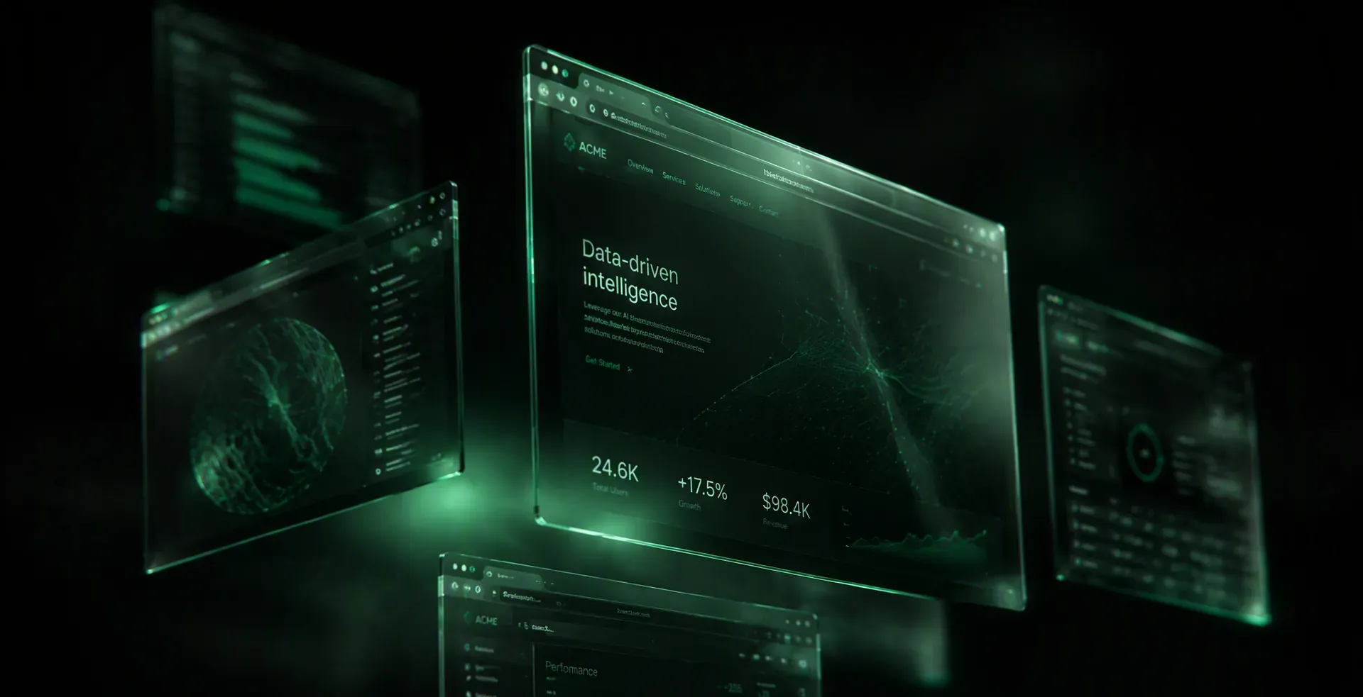 Floating glass browser windows glowing with green interface light in a dark void — the web experiences Veles Labs crafts