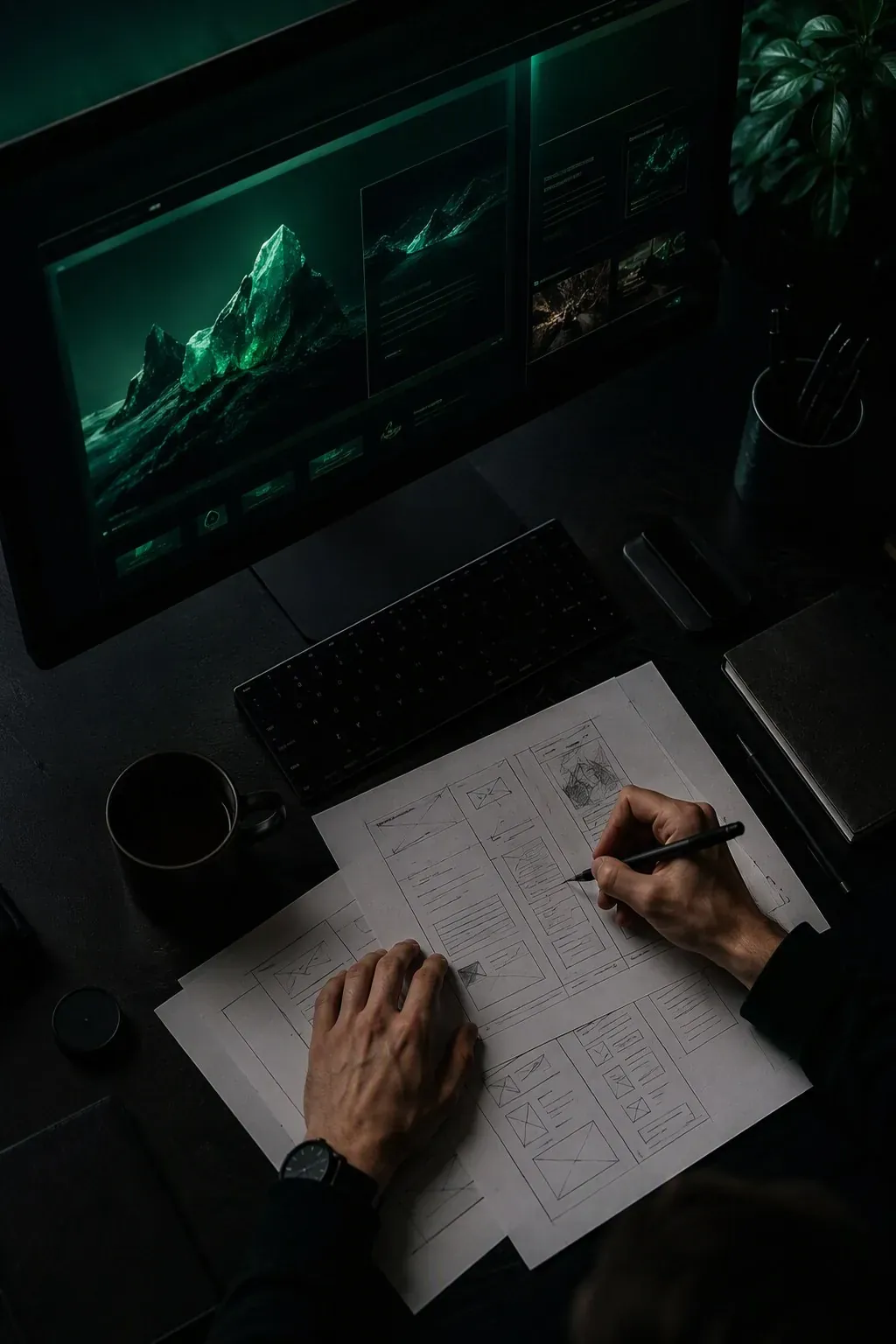 A designer's hand sketching website wireframes beside a monitor showing an elegant dark website layout
