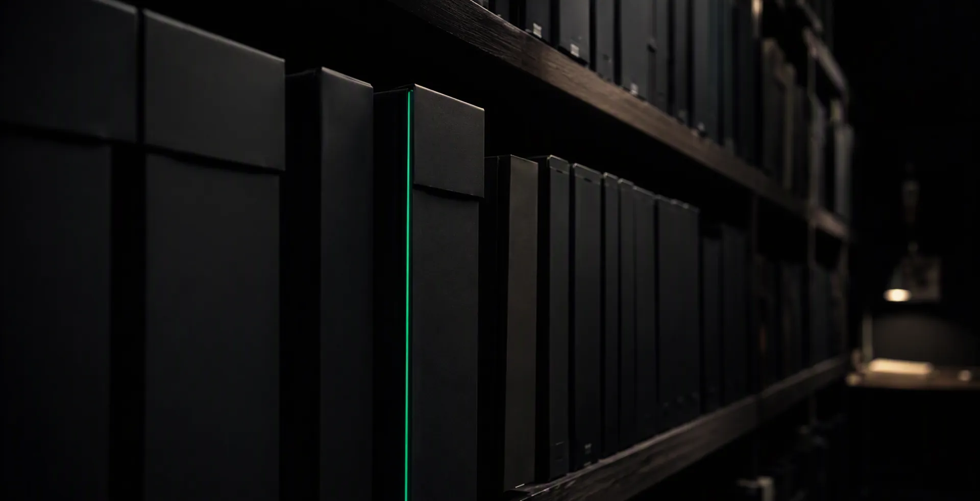 Rows of unmarked black archive boxes on dark shelves, one spine edged in emerald light — most of the record stays sealed at Veles Labs