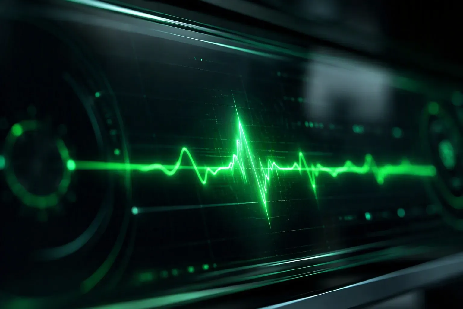A vital-signs pulse line glowing emerald across a dark monitor — Veles P.U.L.S.E, the software platform Veles Labs is building in-house