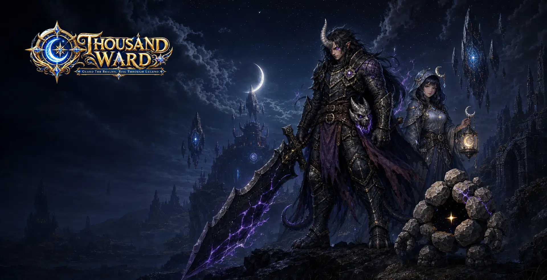An armored Warden with a greatsword standing beneath a broken moon over a corrupted valley — key art from Thousand Ward, the tactical collector RPG Veles Labs built and publishes on Steam