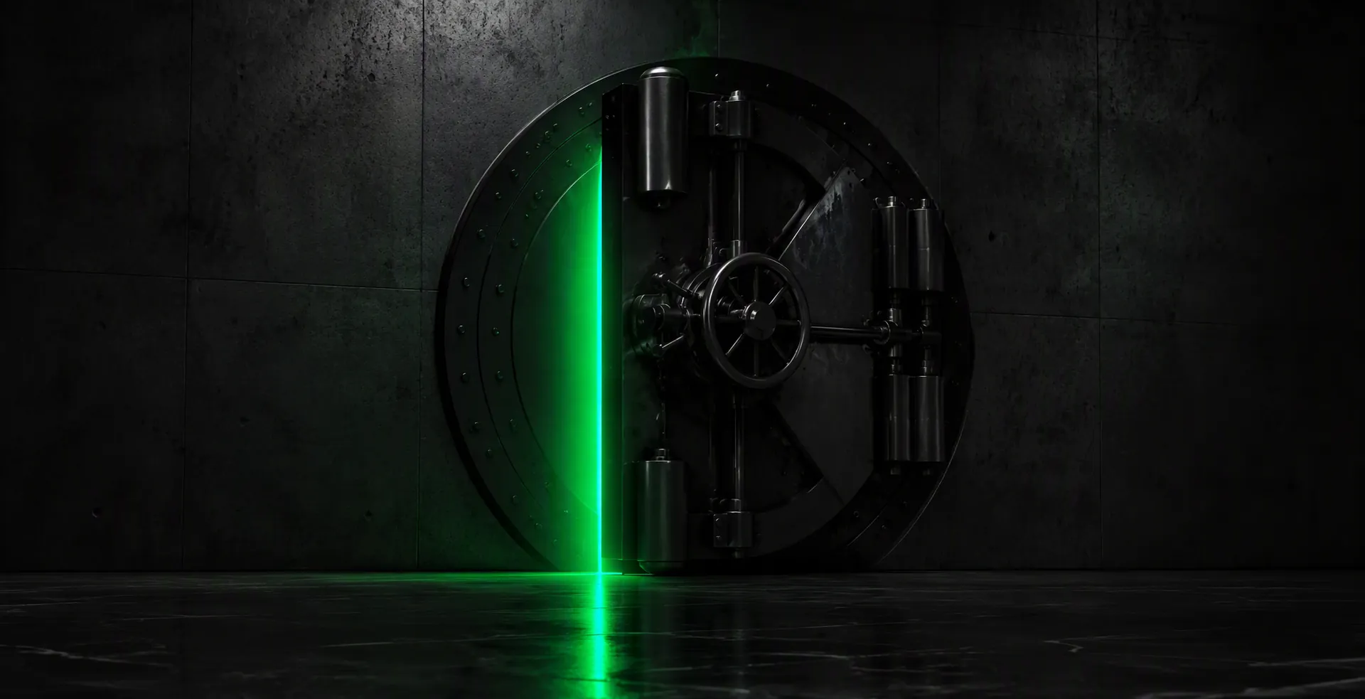 A heavy vault door ajar in a black concrete wall, a thin seam of emerald light spilling across the dark floor — full case studies opened on request at Veles Labs