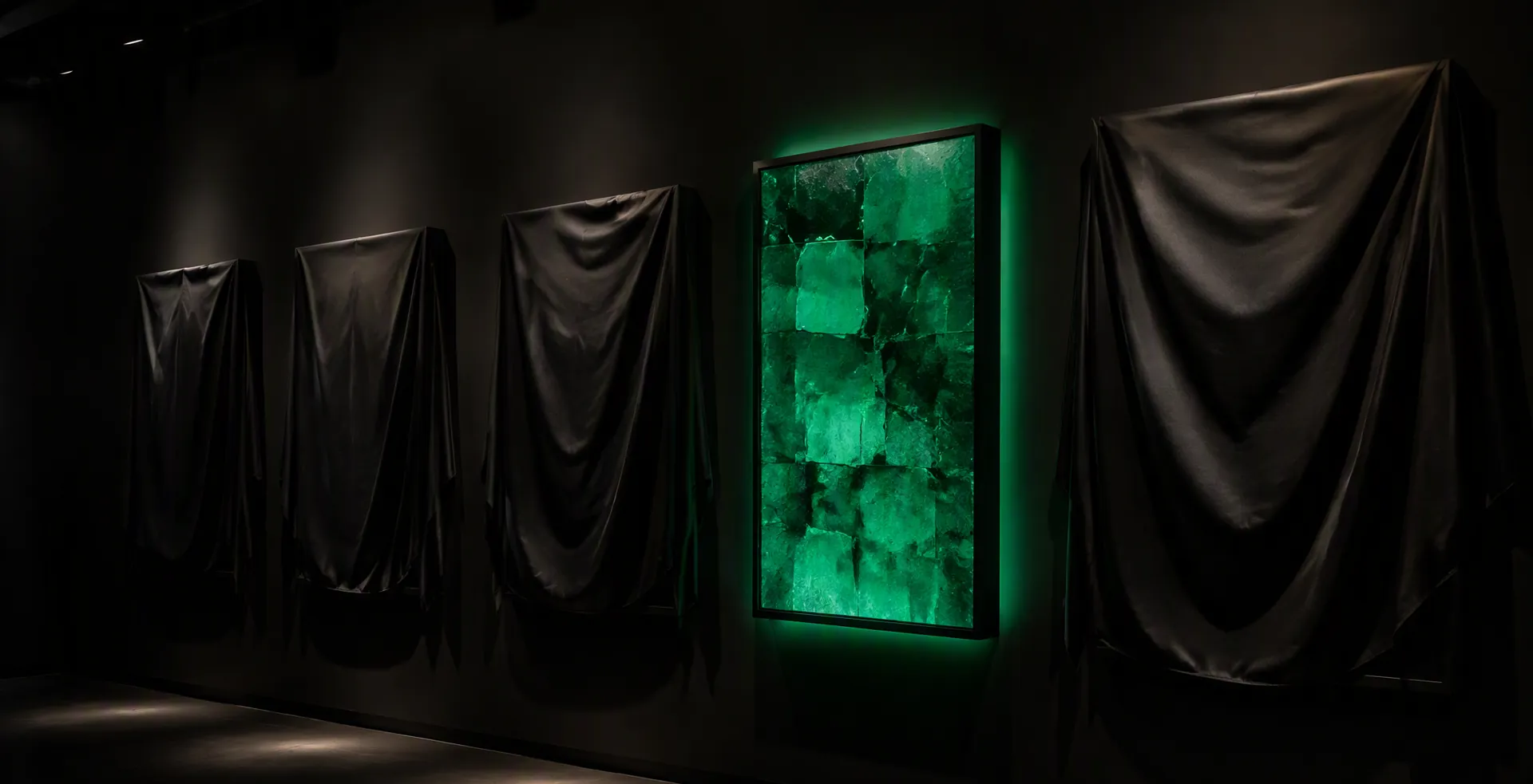 A dark gallery wall of framed works, most hidden under draped black cloth, one uncovered frame glowing emerald — most of Veles Labs' work stays sealed